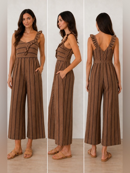 Momni Pants - MOMNI Ruffle Strap Jumpsuit Brown Stripe Wide Leg Cotton Linen Size S